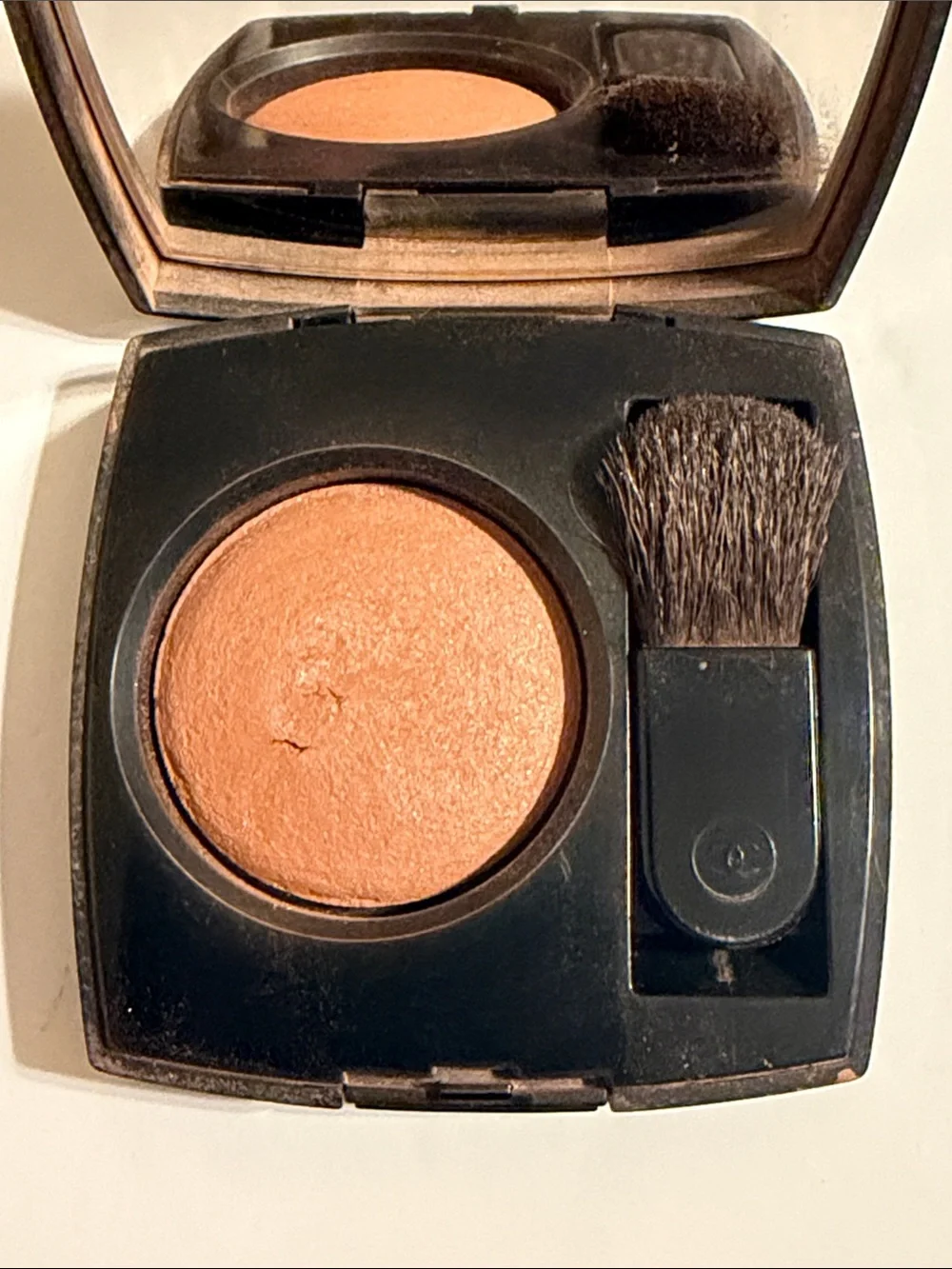 CHANEL Black Glossy Compact Powder Blush Case with White CC Emblem